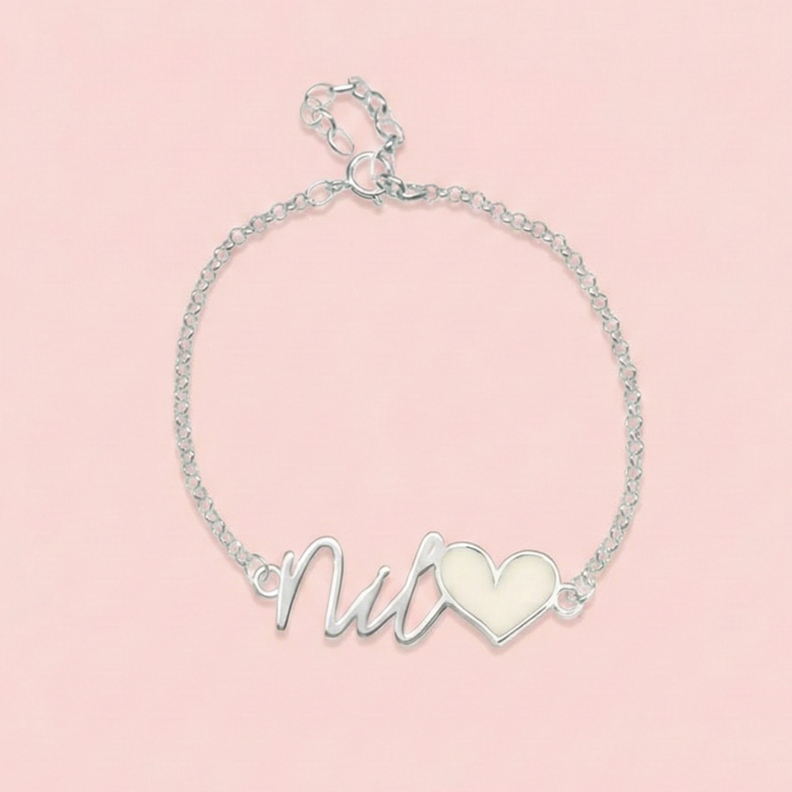 Pulsera nombre o palabra personalizada letra inglesa en plata y corazón de leche materna
