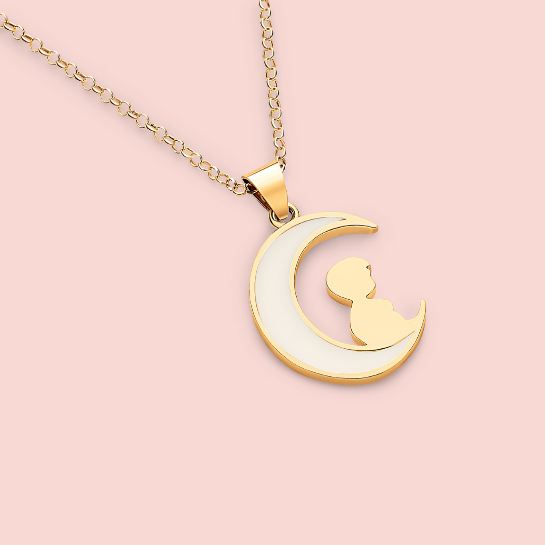 Colgante luna con niño sentado sobre ella de leche materna en oro de 18 quilates, joya maternal personalizada hecha a mano