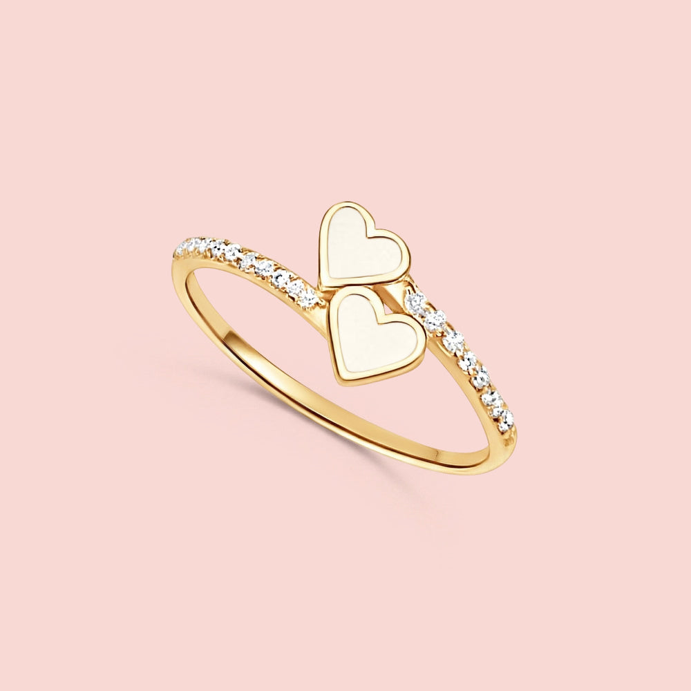 Anillo corazones unidos con circonitas de leche materna ORO 18K