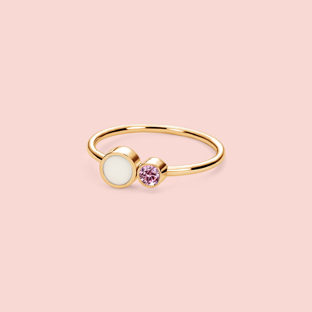 Anillo círculos unidos de leche materna y piedra de nacimiento ORO 18K