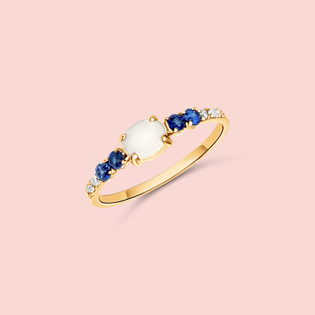 Anillo óvalo de leche materna y piedras de nacimiento ORO 18K