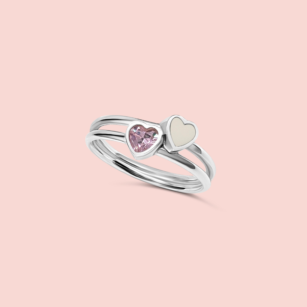 Anillo corazones unidos de Leche Materna con piedra de nacimiento