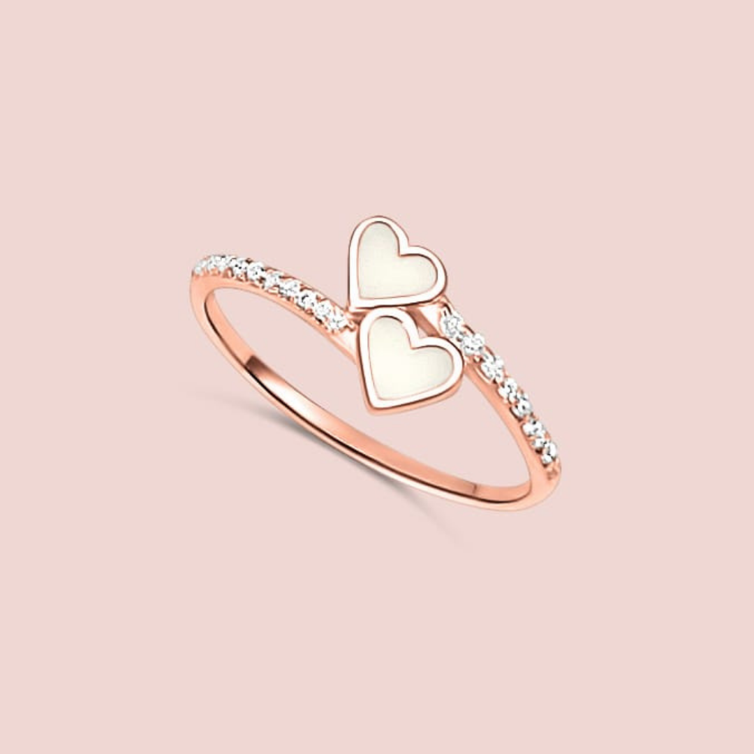 Anillo corazones unidos con circonitas de leche materna ORO 18K