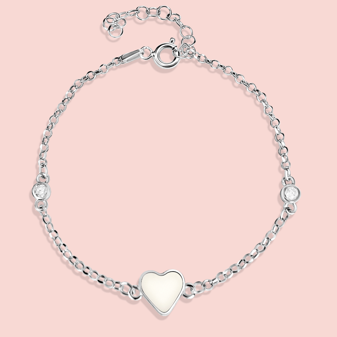 Pulsera con forma de corazón con circonitas de leche materna en plata de ley, joya maternal personalizada hecha a mano
