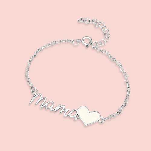 Pulsera mama con letra inglesa y corazón estilizado de leche materna en plata de ley, joya maternal personalizada hecha a mano
