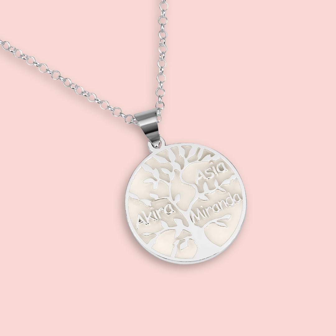 Colgante con forma de círculo con árbol y nombres en plata de ley de leche materna, joya maternal personalizada hecha a mano
