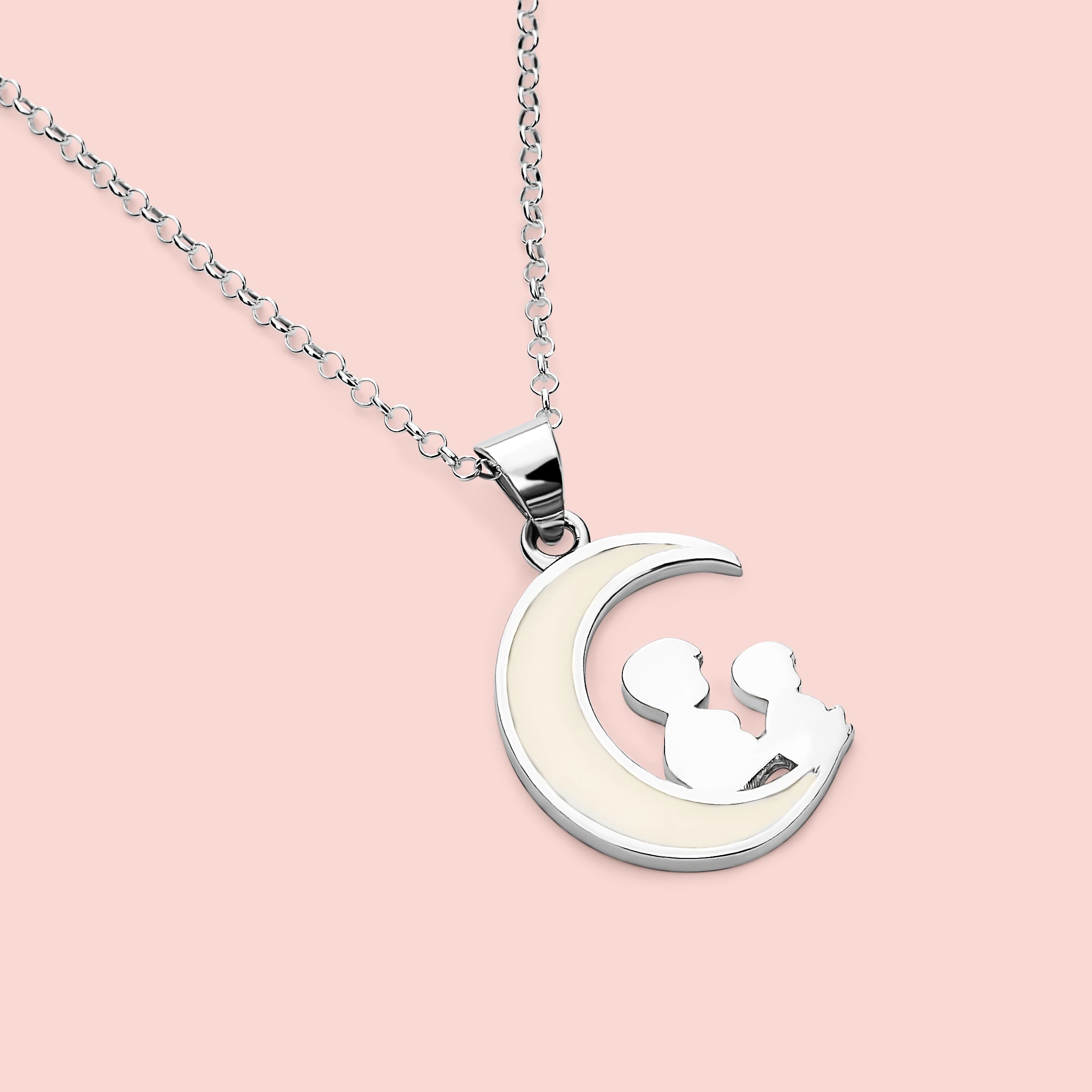 Colgante con forma de luna con silueta de niño y niño sentados sobre ella de leche materna en plata de ley, joya maternal personalizada hecha a mano
