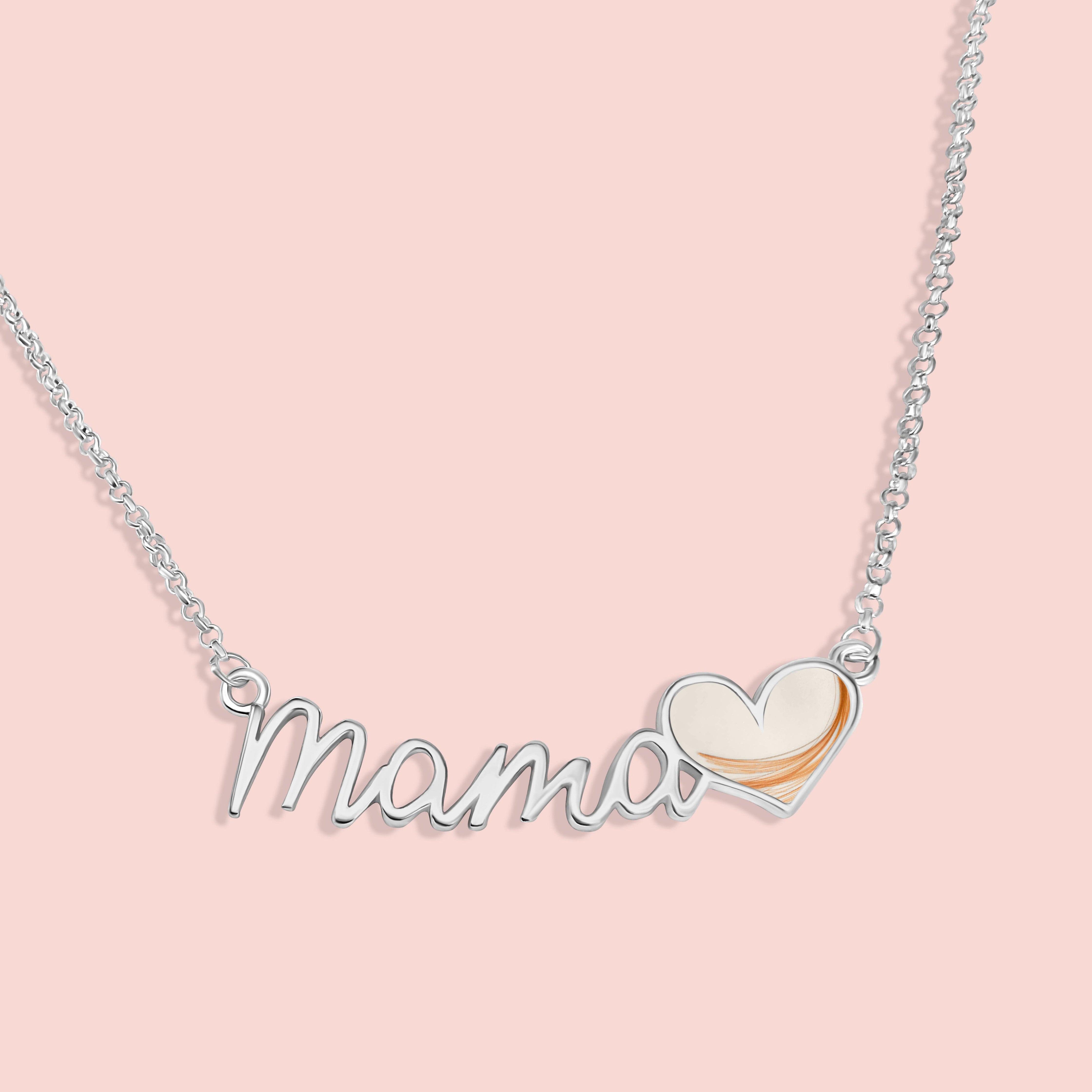 Colgante con nombre mama en plata de ley y corazón estilizado de leche materna y pelo en plata de ley, joya maternal personalizada
