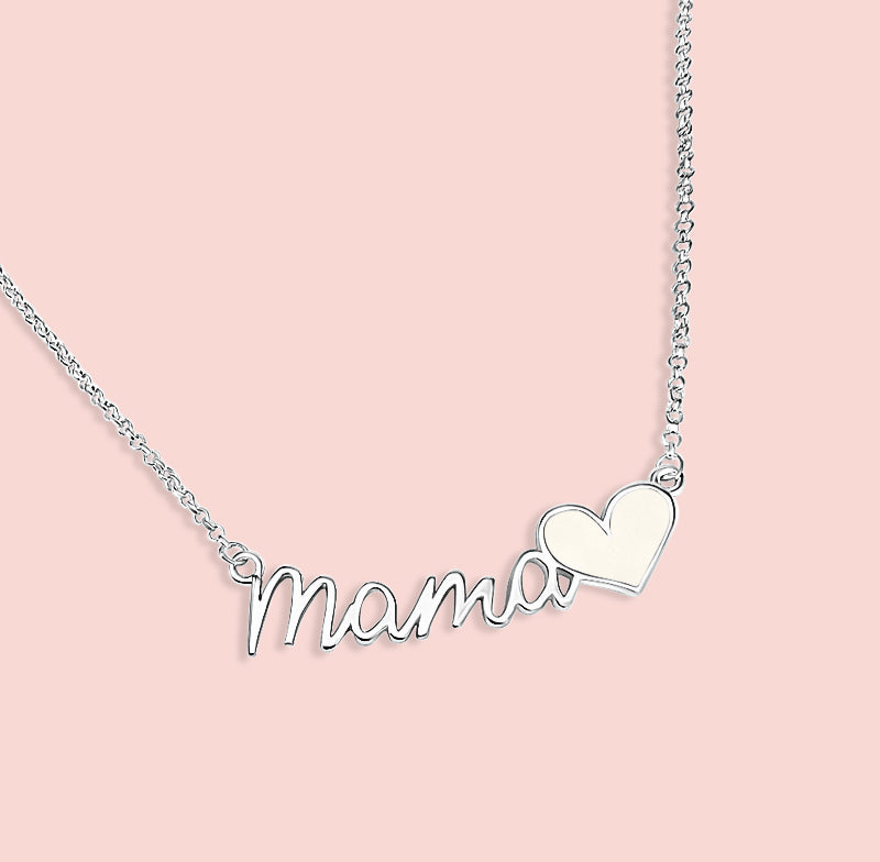 Colgante con palabra mama en plata de ley y corazón estilizado de leche materna, joya maternal personalizada hecha a mano
