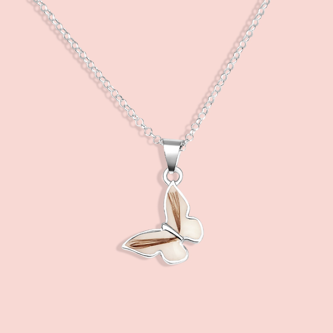 Colgante con forma de mariposa con leche materna y pelo en plata de ley, joya maternal personalizada
