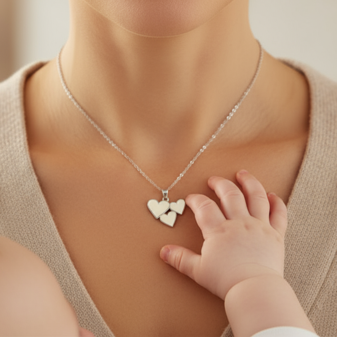 Colgante con forma de tres corazones de leche materna puesto en el cuello, joya maternal personalizada
