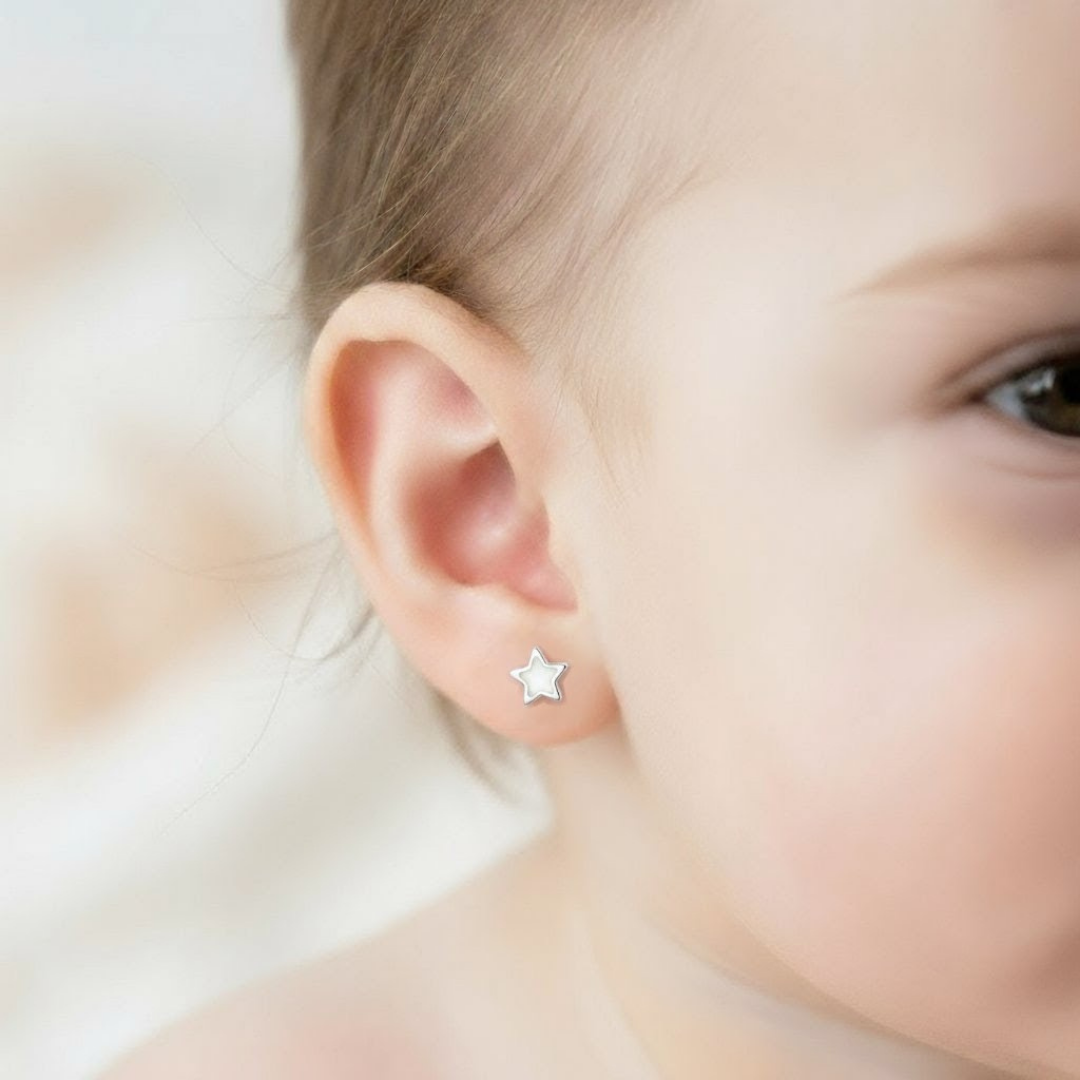 Pendientes de estrella con leche materna  para bebés puestos en la oreja, joya maternal personalizada en plata de ley