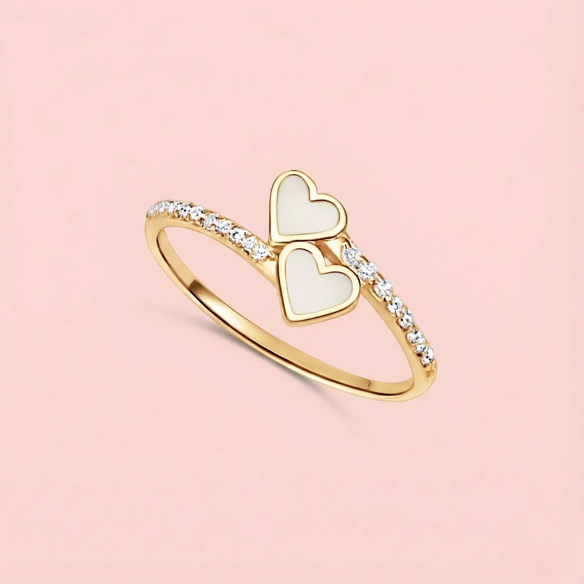 Anillo corazones unidos con circonitas de leche materna ORO 18K